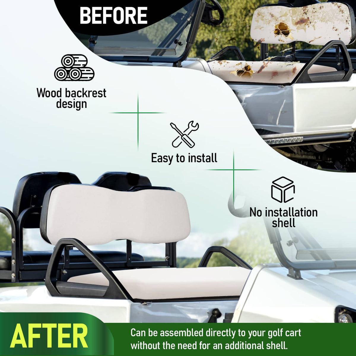 White front seat cushion and backrest with rounded contours on a golf cart