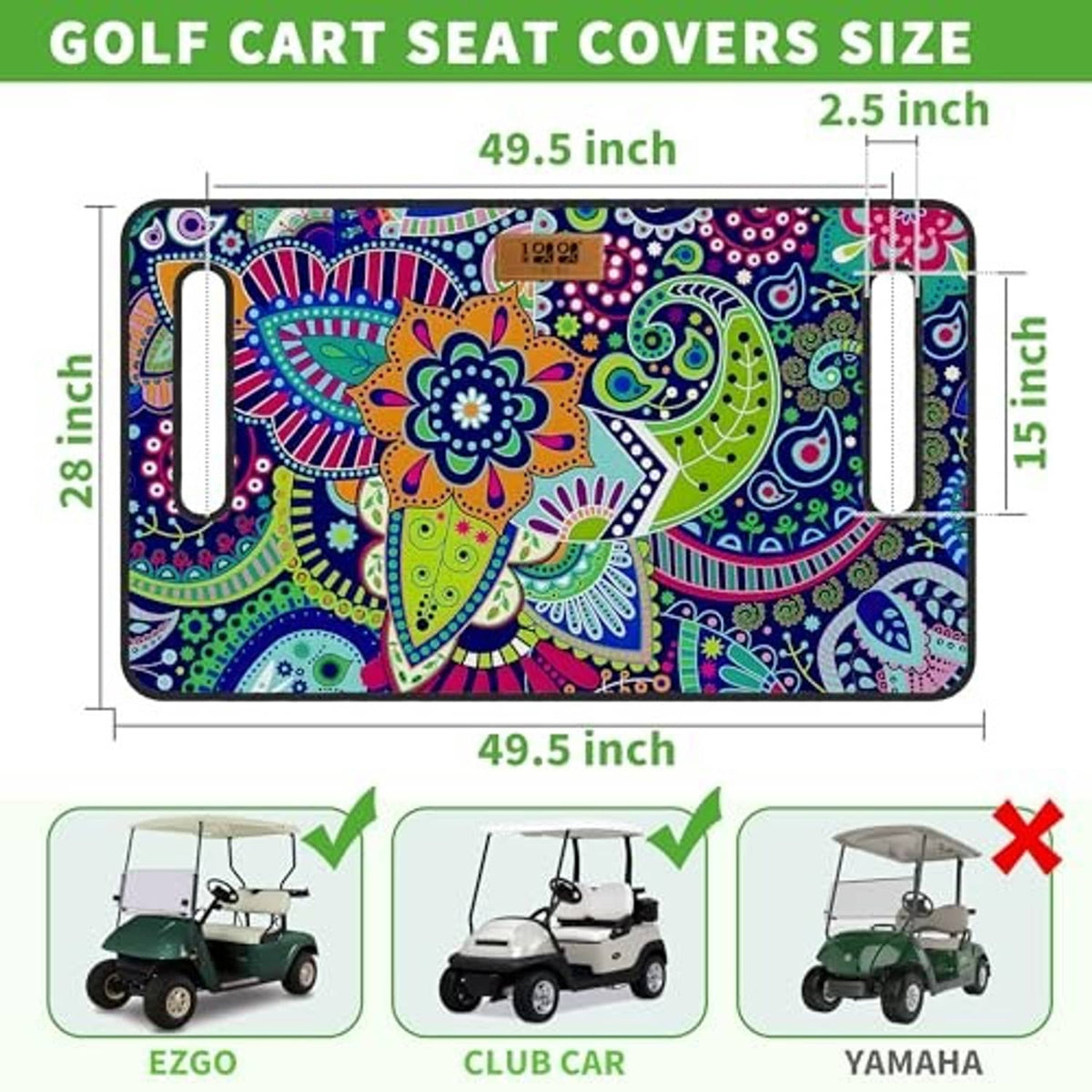 Size diagram for mandala golf cart seat cover blanket with labeled dimensions