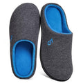 Two-tone dark gray memory foam house slippers with bright blue lining and logo