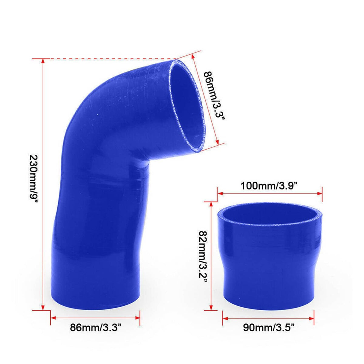 Blue silicone elbow coupler with open ends and size measurements