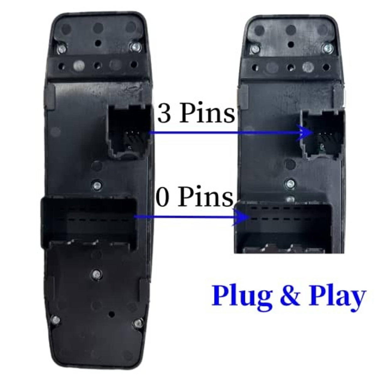 Power window master switch underside with connector housing and pin terminals