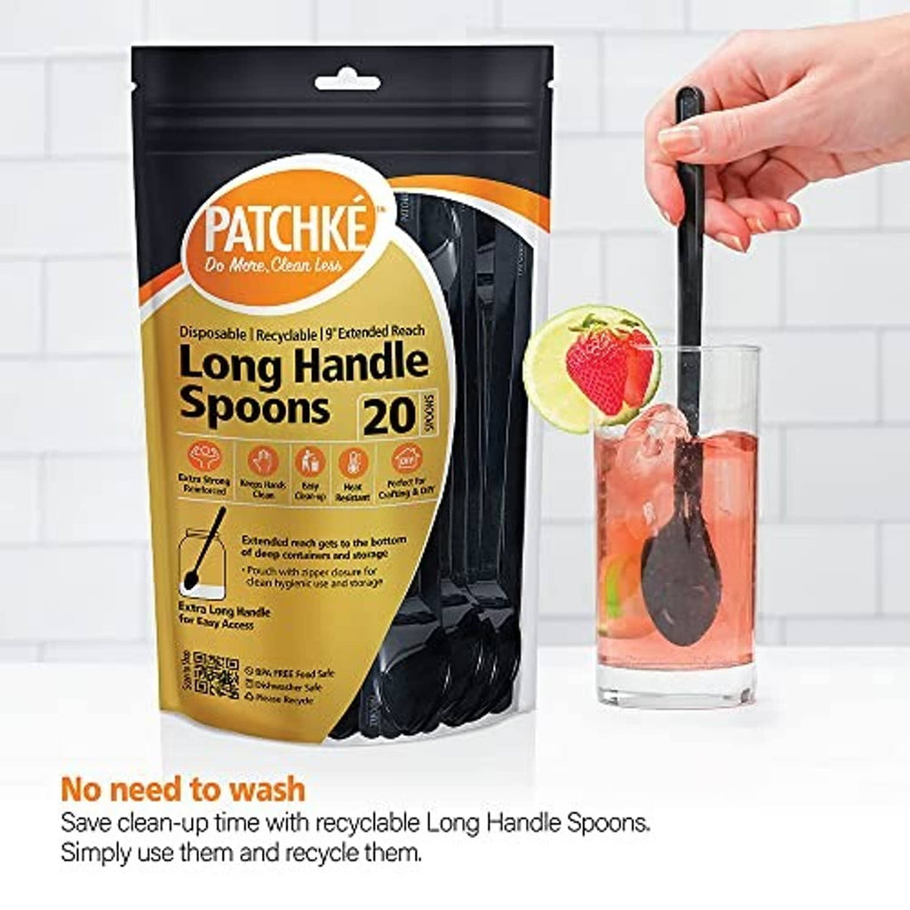 Long-handle spoon pack with hand holding a black spoon over a filled cup