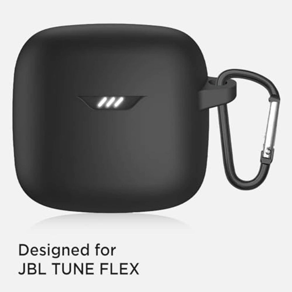 Black earbuds case with carabiner keychain, front logo and clip loop