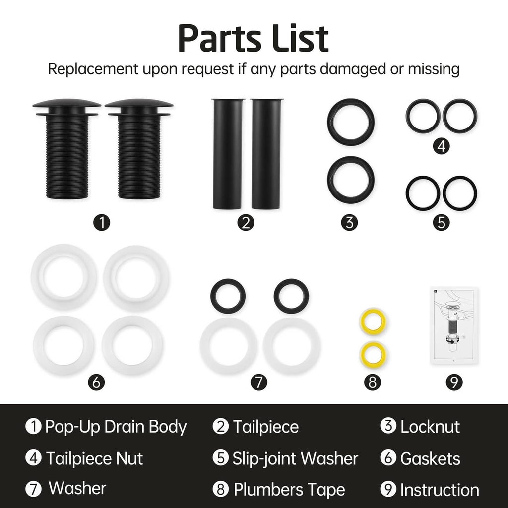 Pop-up sink drain parts kit with drain body, tailpiece, locknut, washers, and gaskets