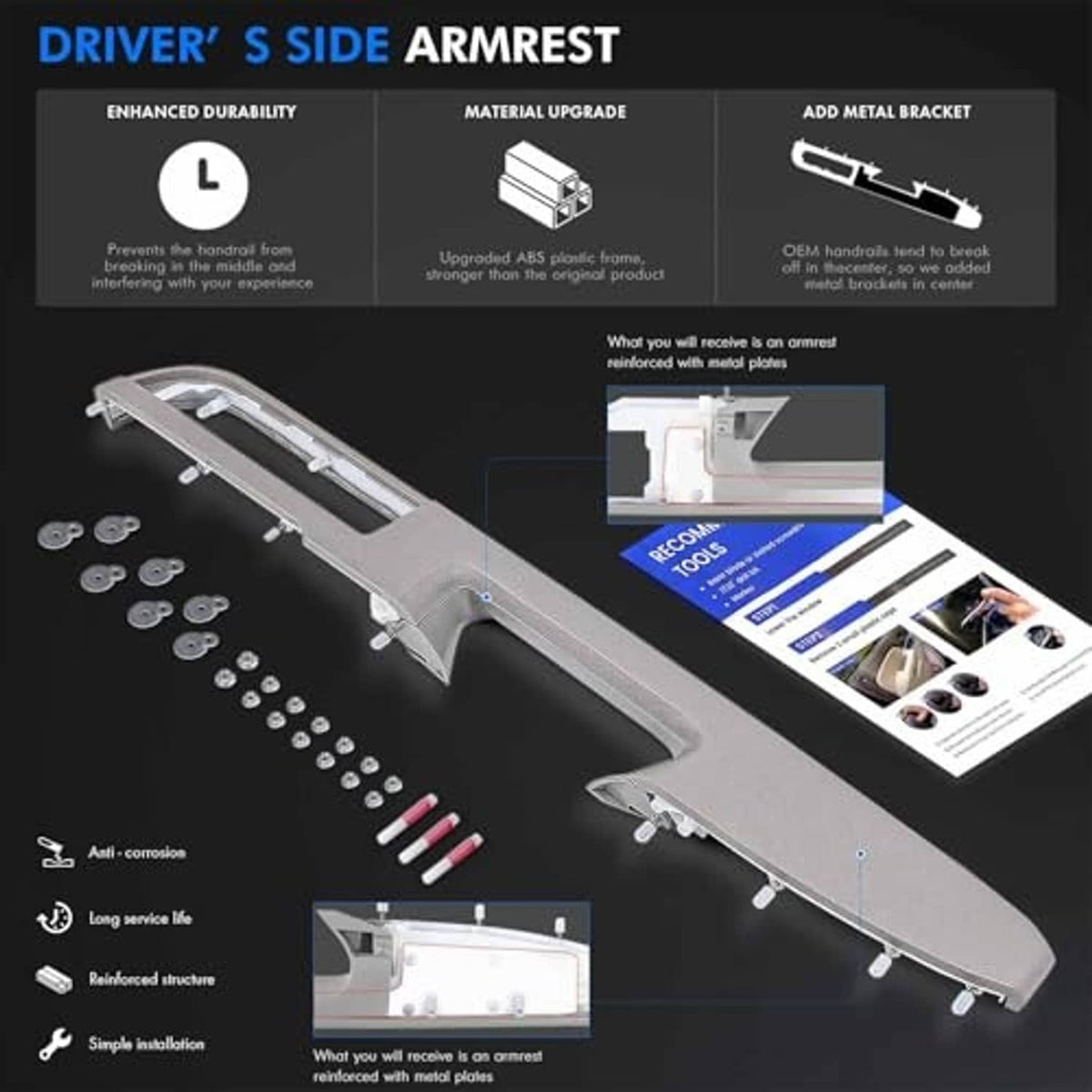 Gray driver-side door armrest repair kit with anti-corrosion hardware and metal bracket
