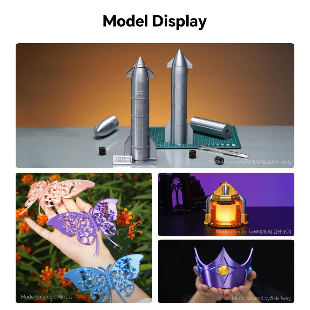 Colorful luster silk filament model display with decorative figurines and accessories