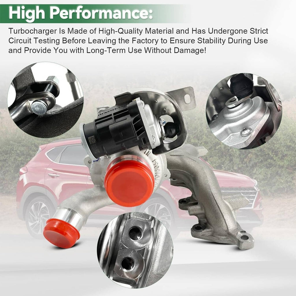 Turbocharger and manifold assembly with red caps and silver compressor housing details