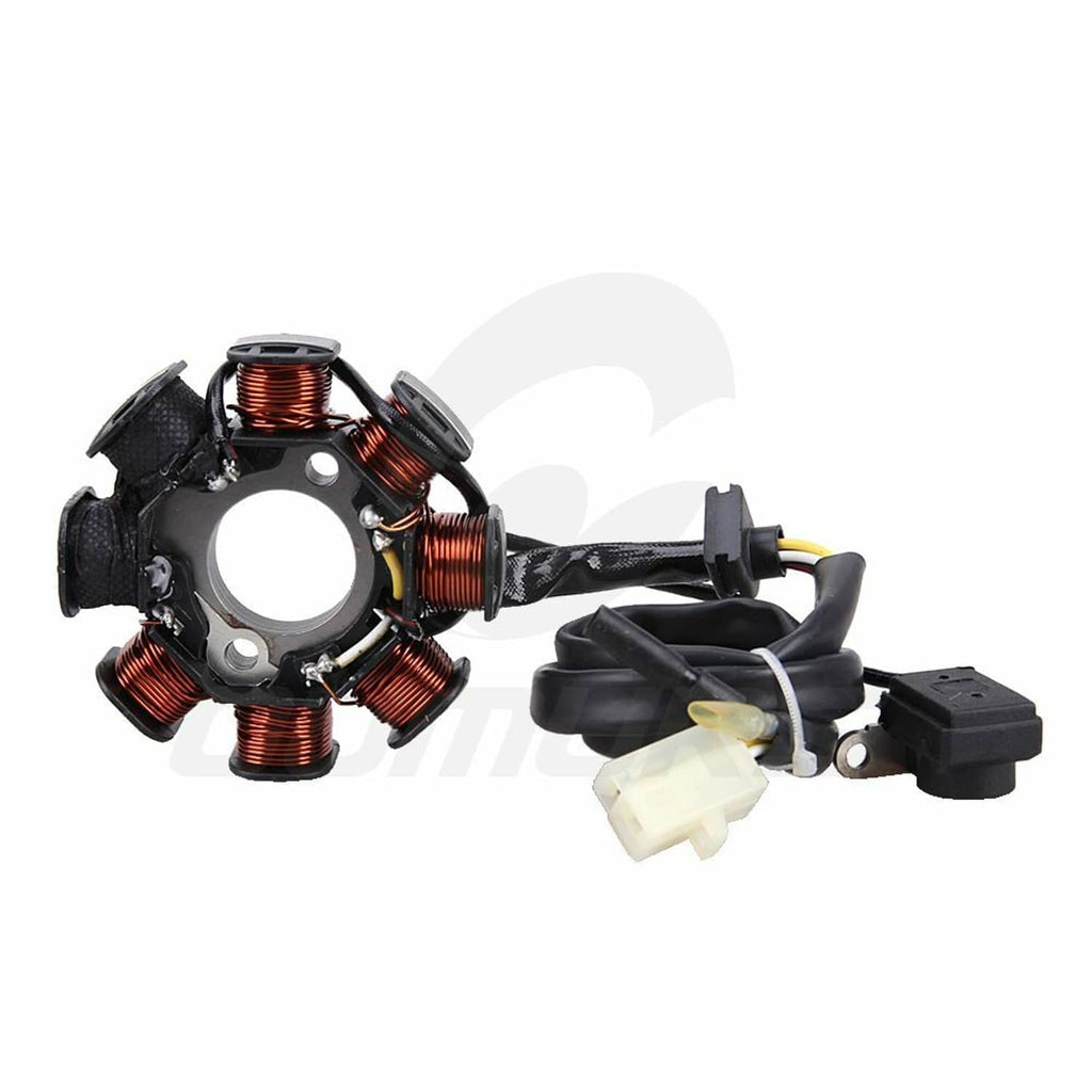 8-coil stator magneto with copper coils, black housing, and multiple black electrical connectors