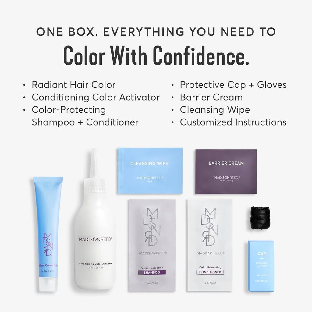 Radiant hair color kit contents with bottles, protective cap, gloves, cream, and wipe.