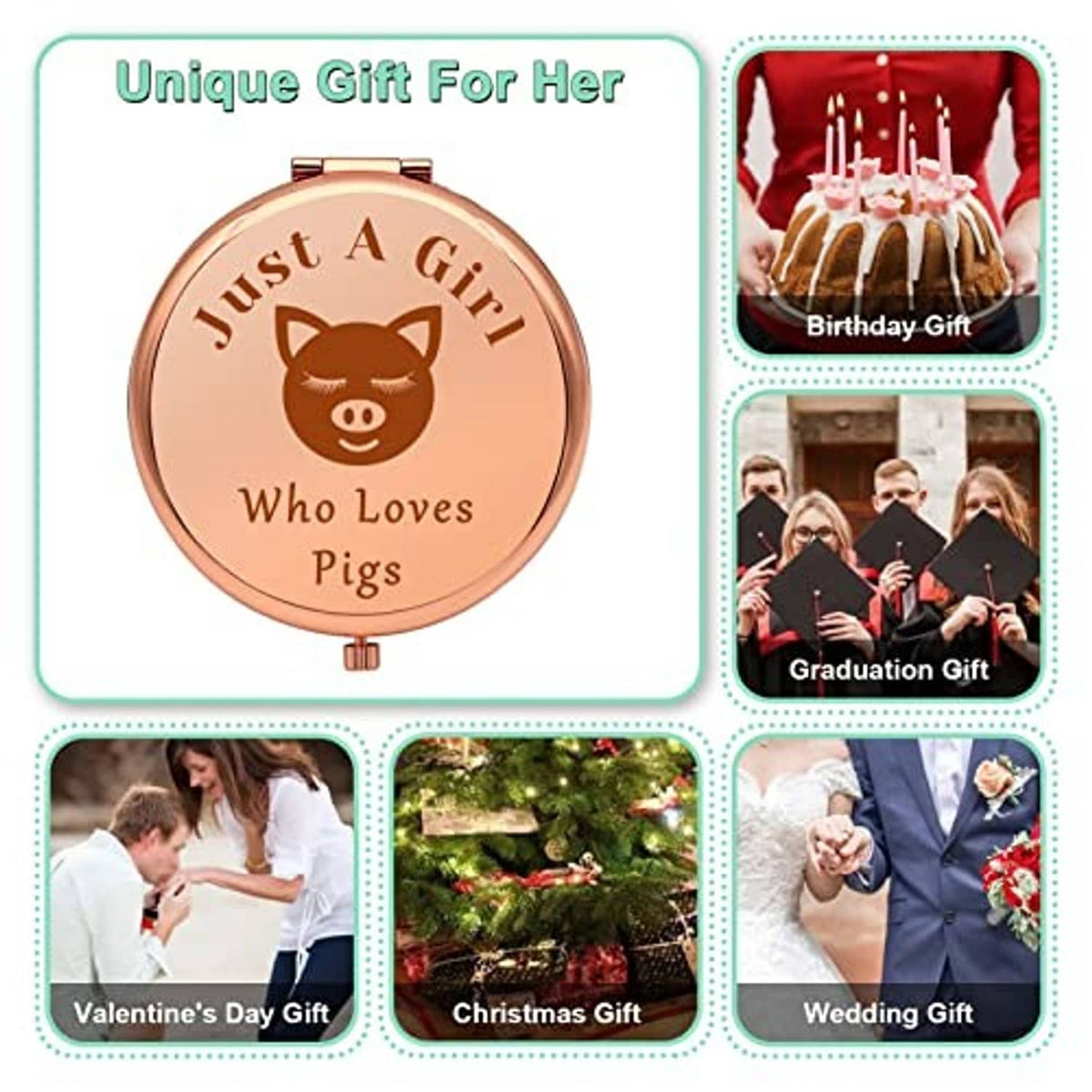 Pig graphic rose-gold compact makeup mirror with photo-style gift collage
