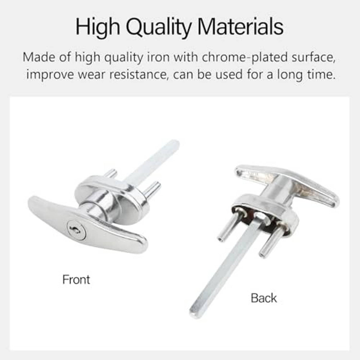 T-handle garage door lock, chrome-plated iron front and back views, silver metal