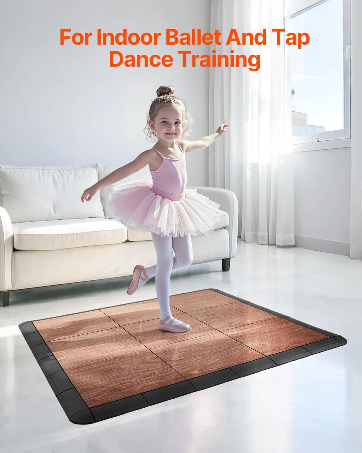 Brown and black interlocking puzzle floor mat for dance practice in a room