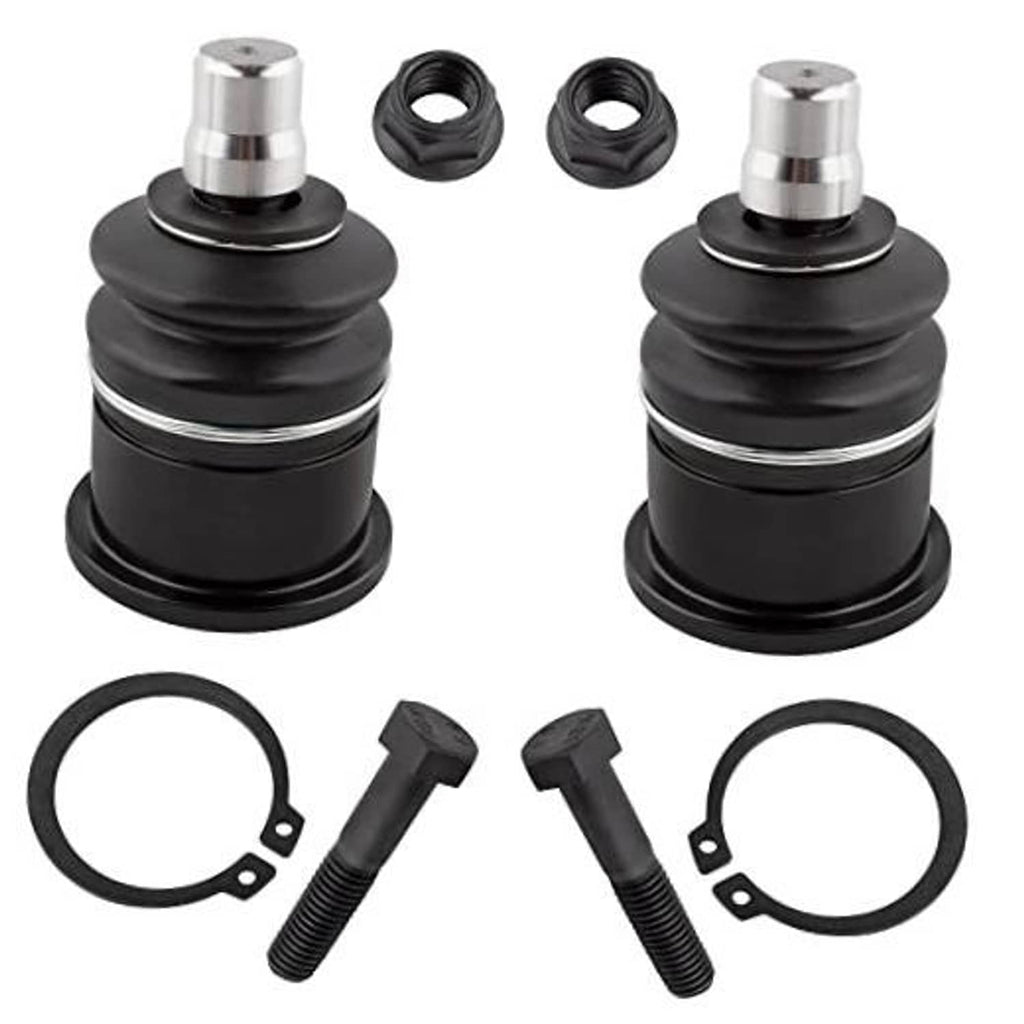 Front upper ball joint pair with black rubber boot and silver stud, plus matching hardware