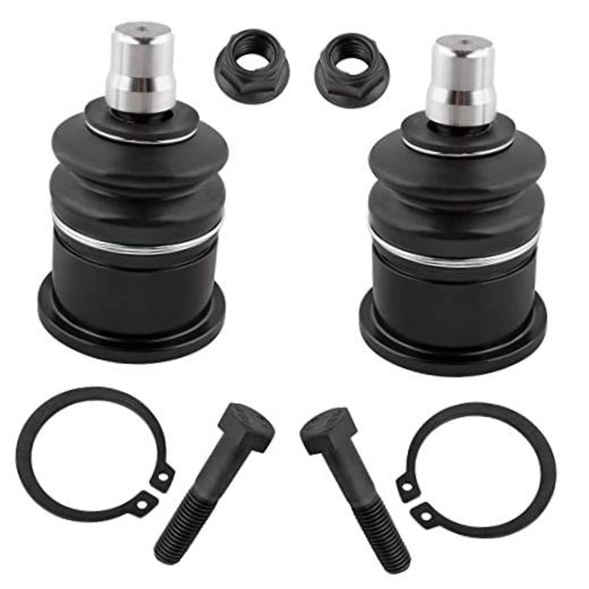 Front upper ball joint pair with black rubber boot and silver stud, plus matching hardware