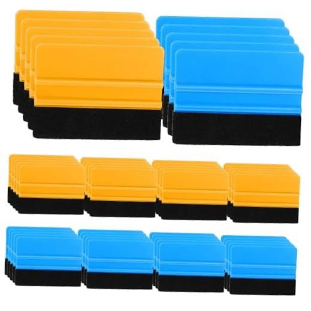 Vinyl squeegee set with felt edge, 4-inch plastic scrapers in yellow and blue (50 pack)