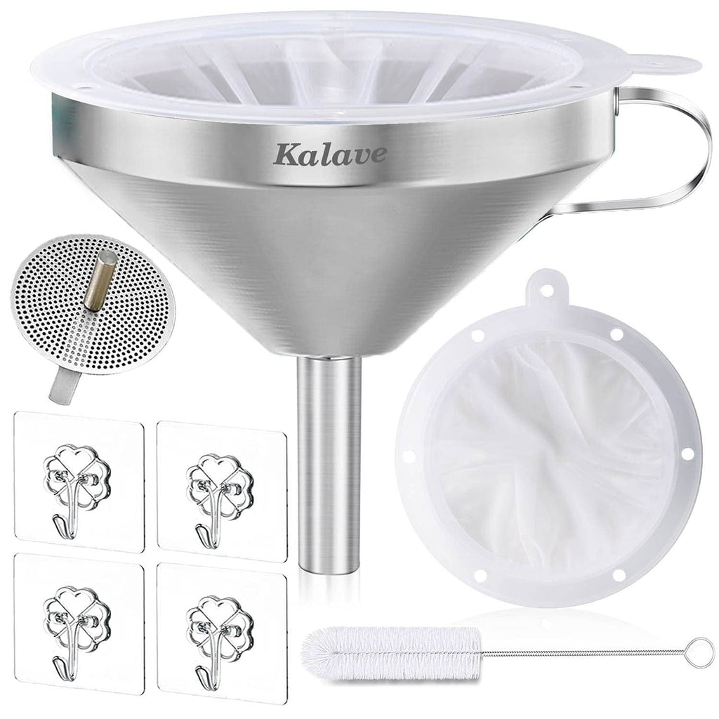 Stainless steel kitchen funnel with handle, filter screen, and cleaning brush