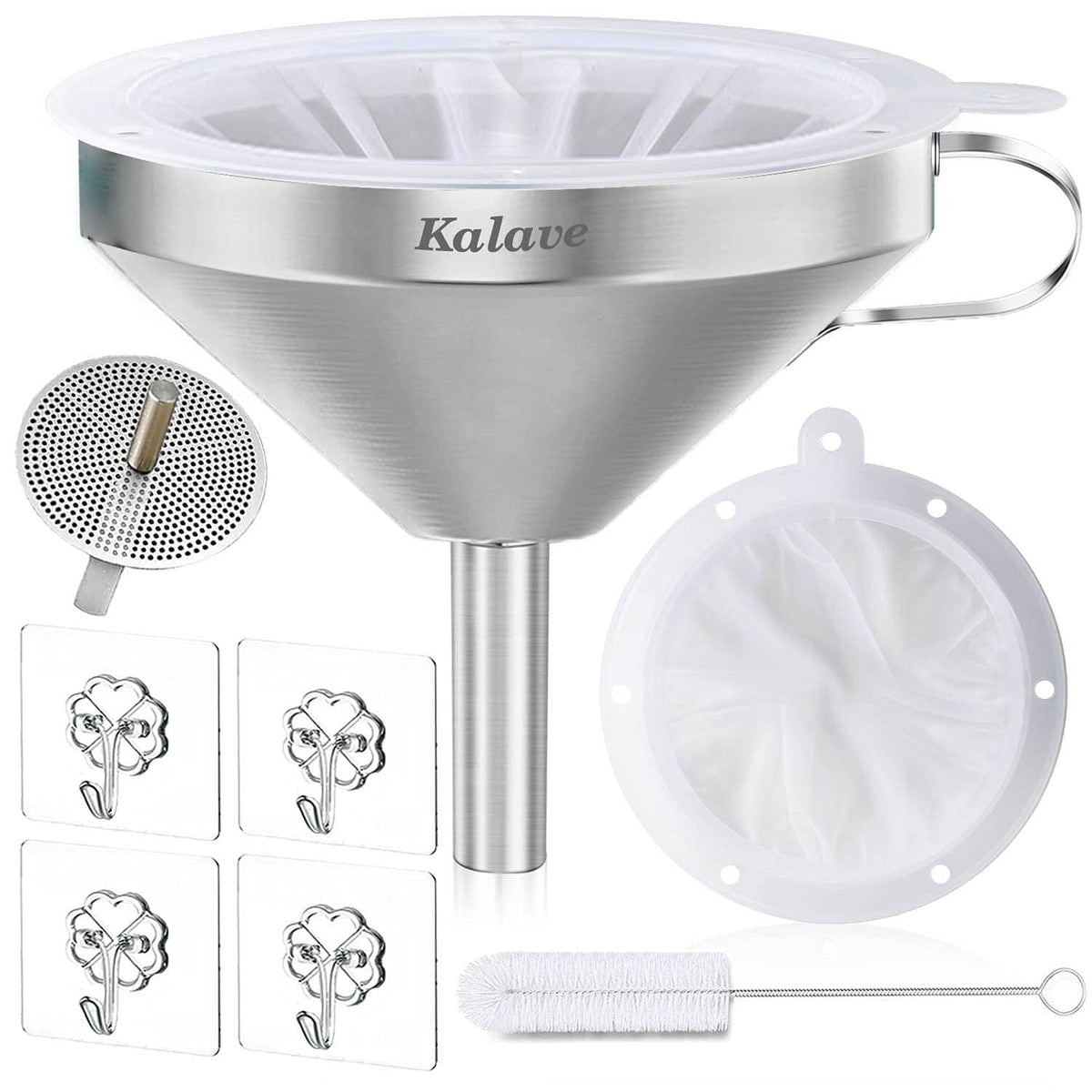Stainless steel kitchen funnel with handle, filter screen, and cleaning brush