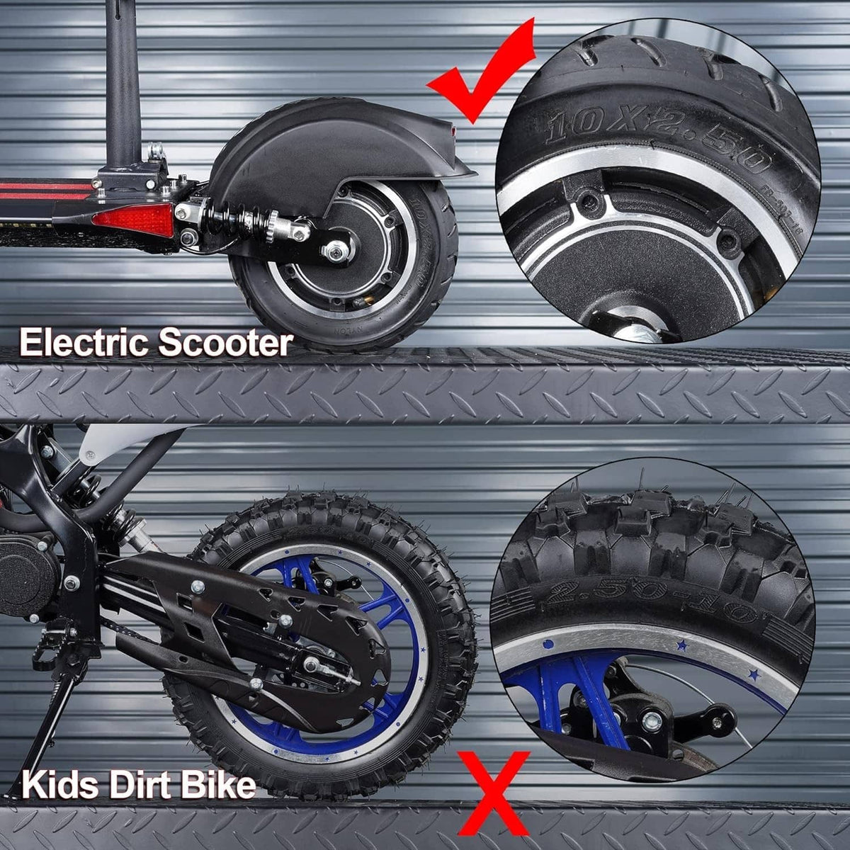 Inner tube on electric scooter wheel, correct fit marked with check