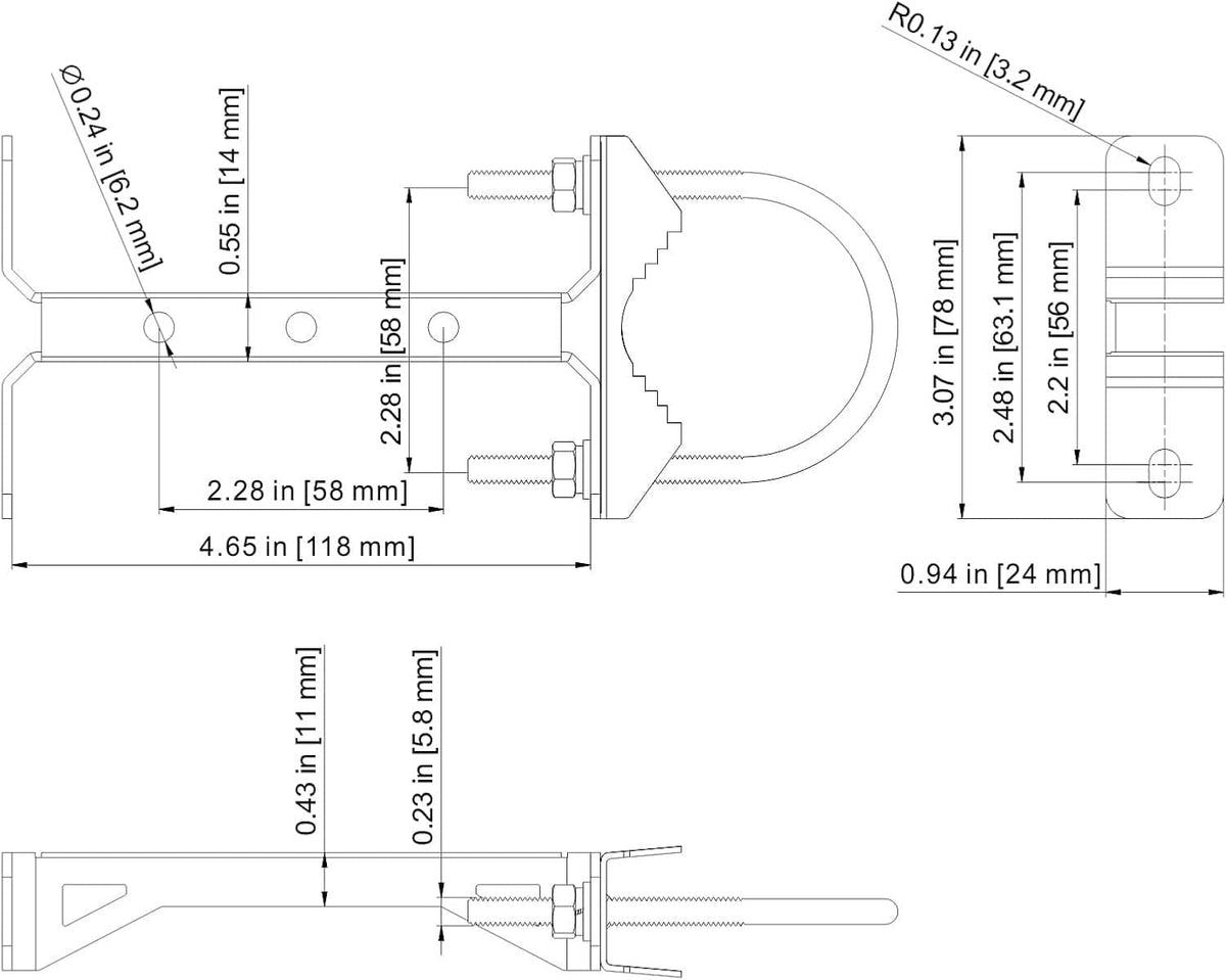 Wall mast clamp technical diagram with labeled measurements and mounting holes