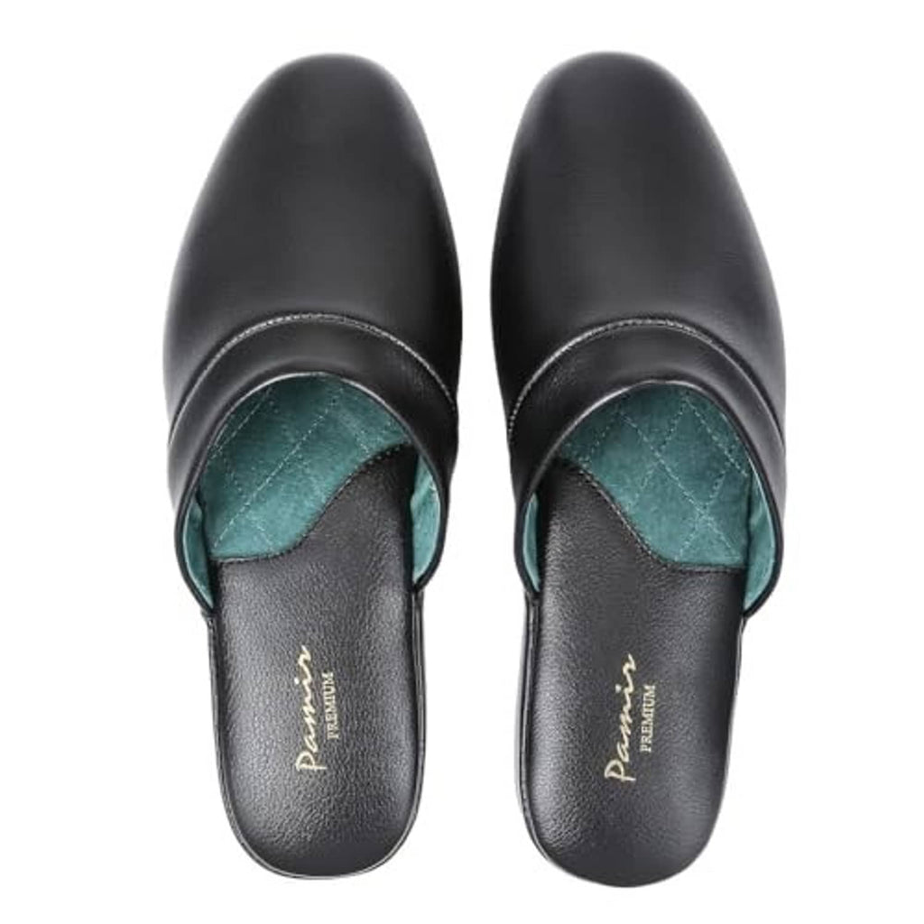 Black leather scuff slippers with teal suede lining and slip-on rounded toe, frontal pair