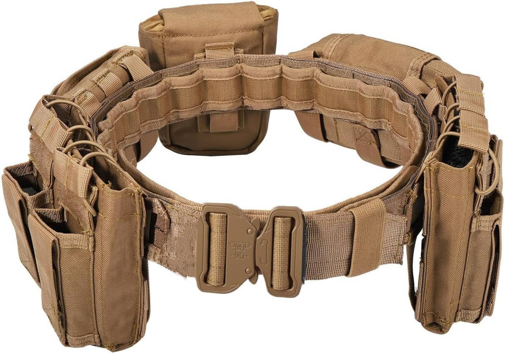 Tan tactical belt with multi-pocket elastic webbing and central quick-release buckle