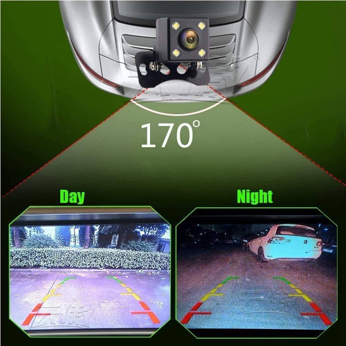 Backup camera view with day and night parking guide overlay and distance lines