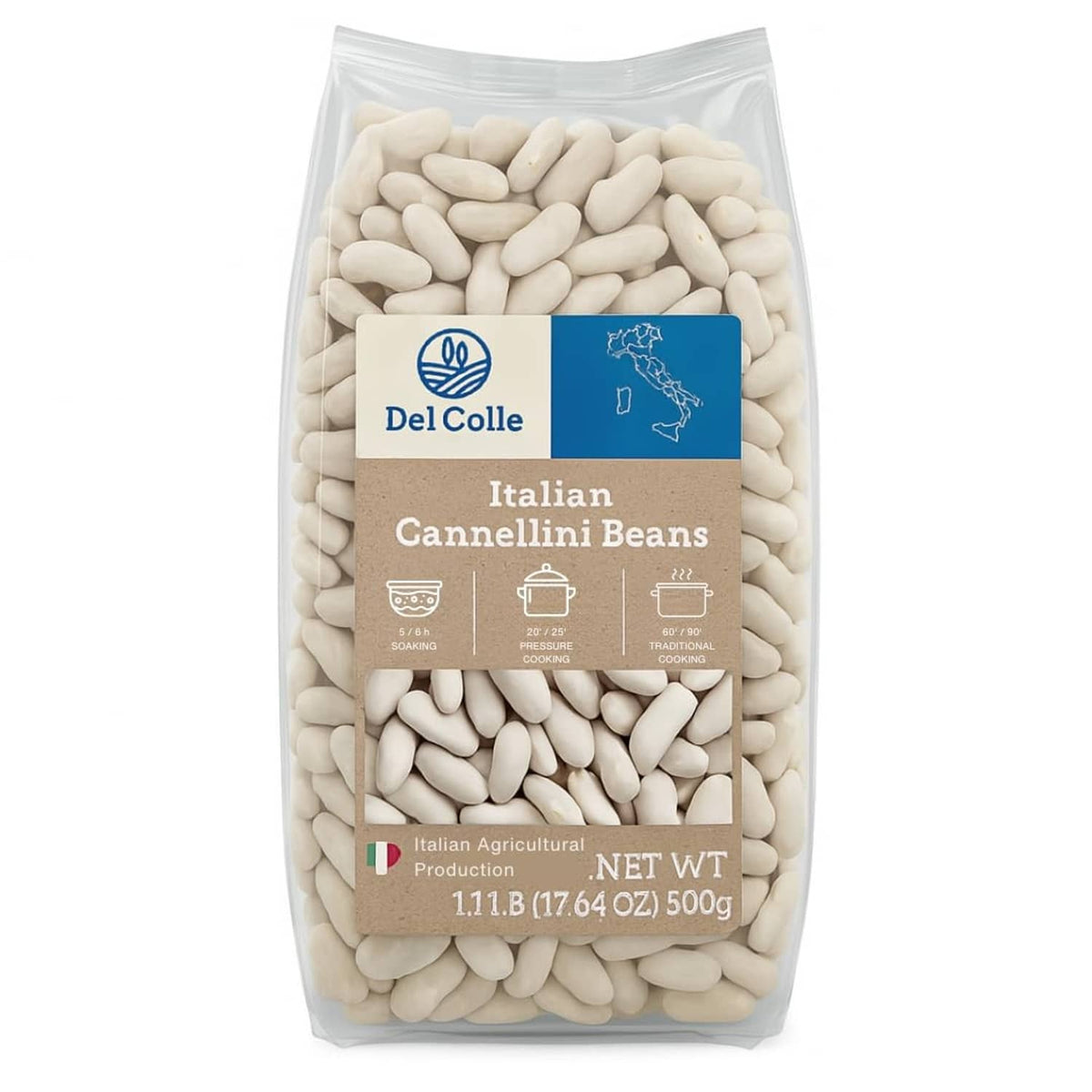 Italian cannellini beans bag with label and white beans inside clear plastic