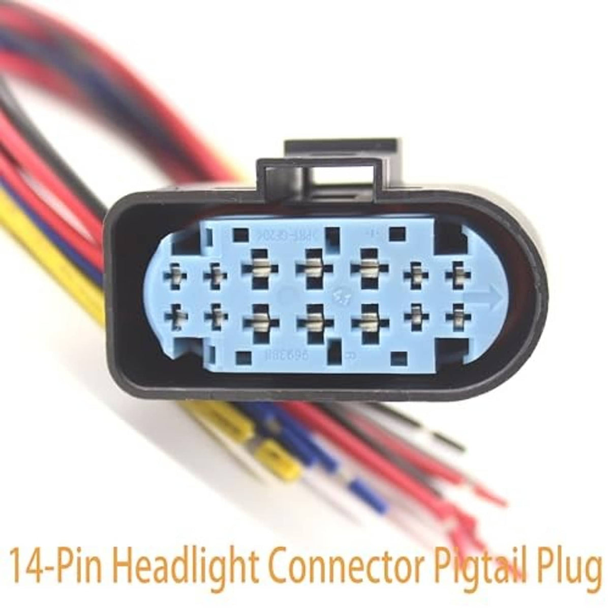 14-pin headlight connector plug with terminal cavities and multicolor wire leads