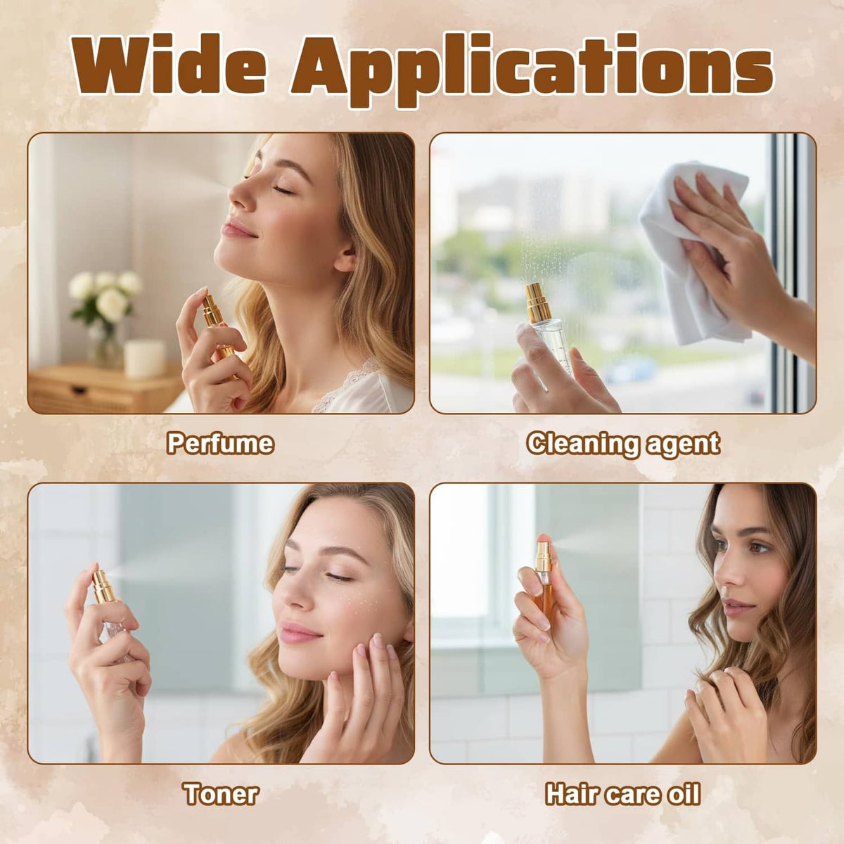 Row of clear mini glass atomizer spray bottles with gold caps, 5ml size