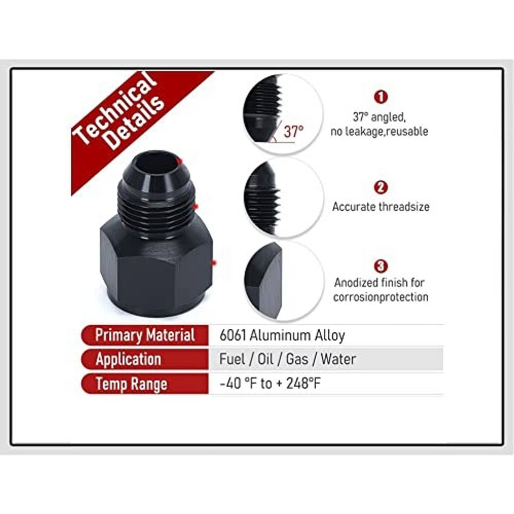 Black AN10 female to AN6 male flare reducer adapter, 37-degree angled design