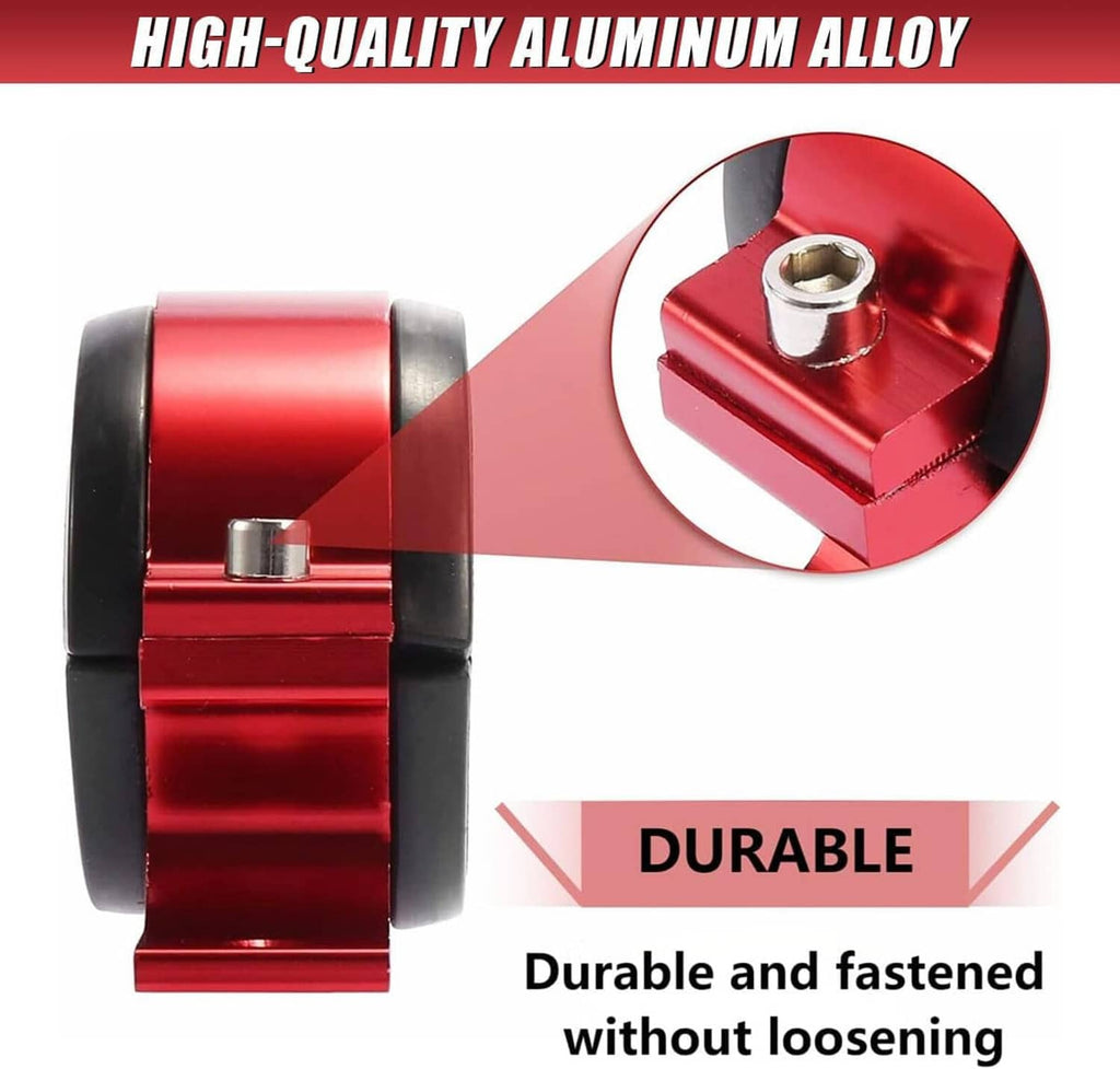 Red aluminum alloy fuel filter bracket with black rubber sleeve and threaded mounting stud