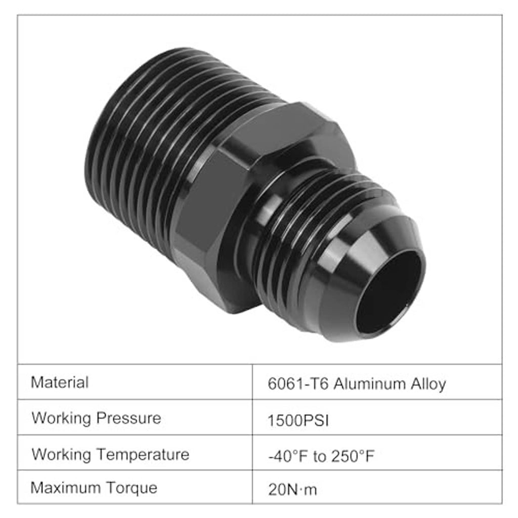 Black straight AN-to-NPT adapter, hex wrench flats and male 3/4 NPT threaded outlet