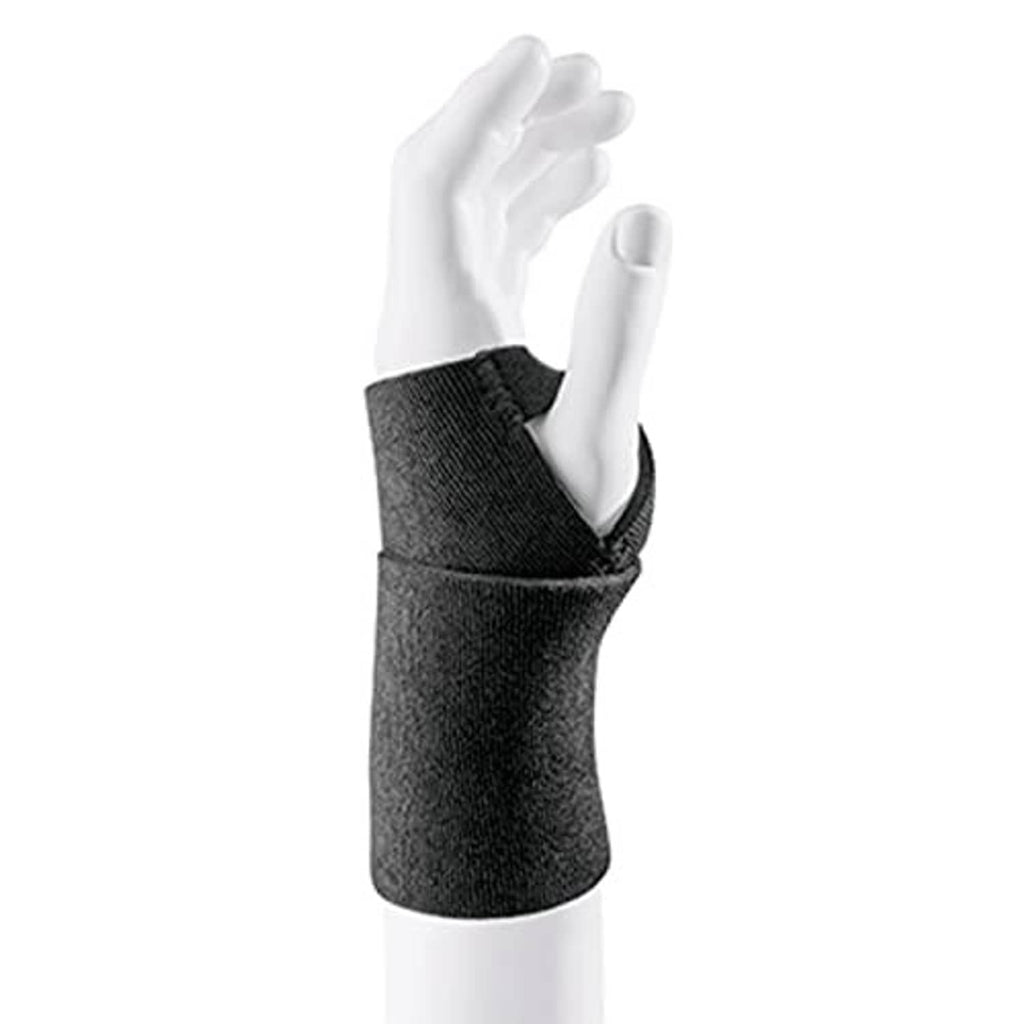 Gray fabric wrist support sleeve with open hand