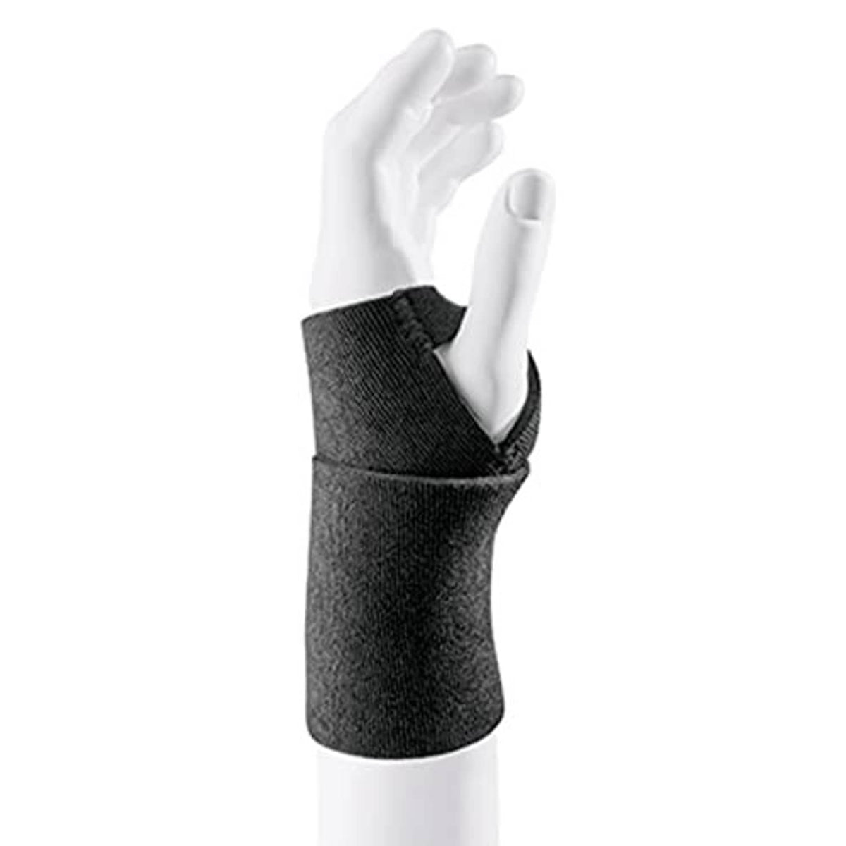 Gray fabric wrist support sleeve with open hand