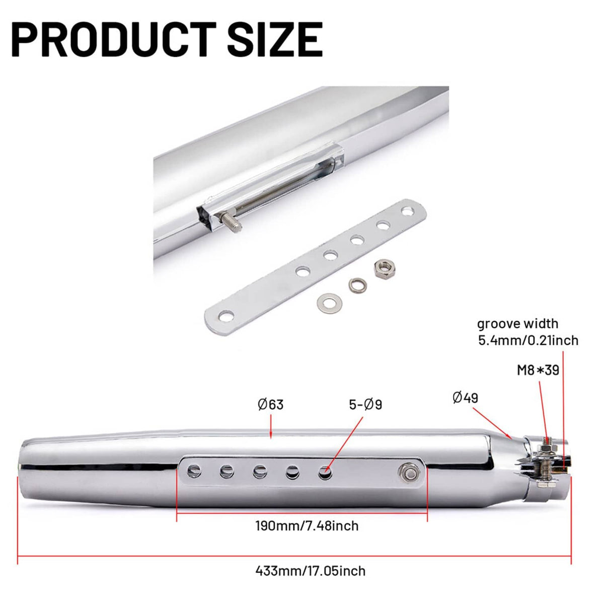 Chrome motorcycle exhaust muffler size diagram with mounting hardware shown