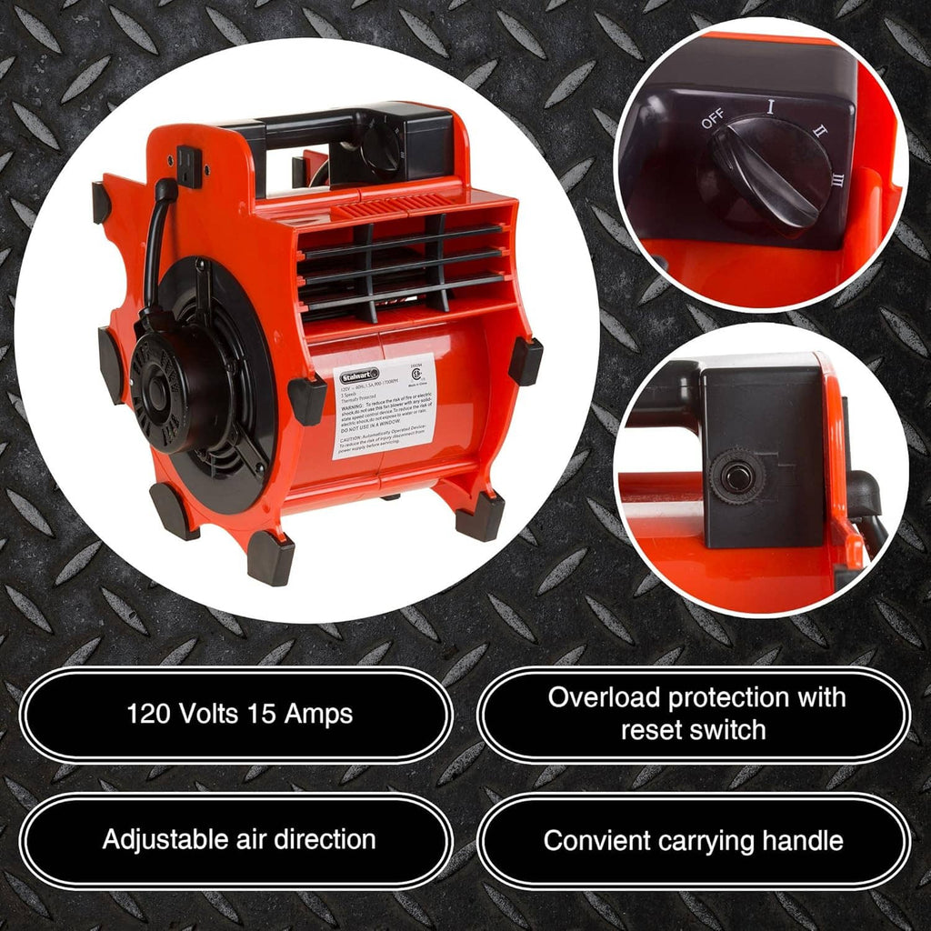 Orange blower fan dryer with adjustable air direction and carrying handle, multi-view