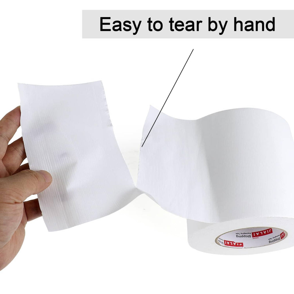White duct tape roll being torn by hand, showing flexible adhesive strip end.