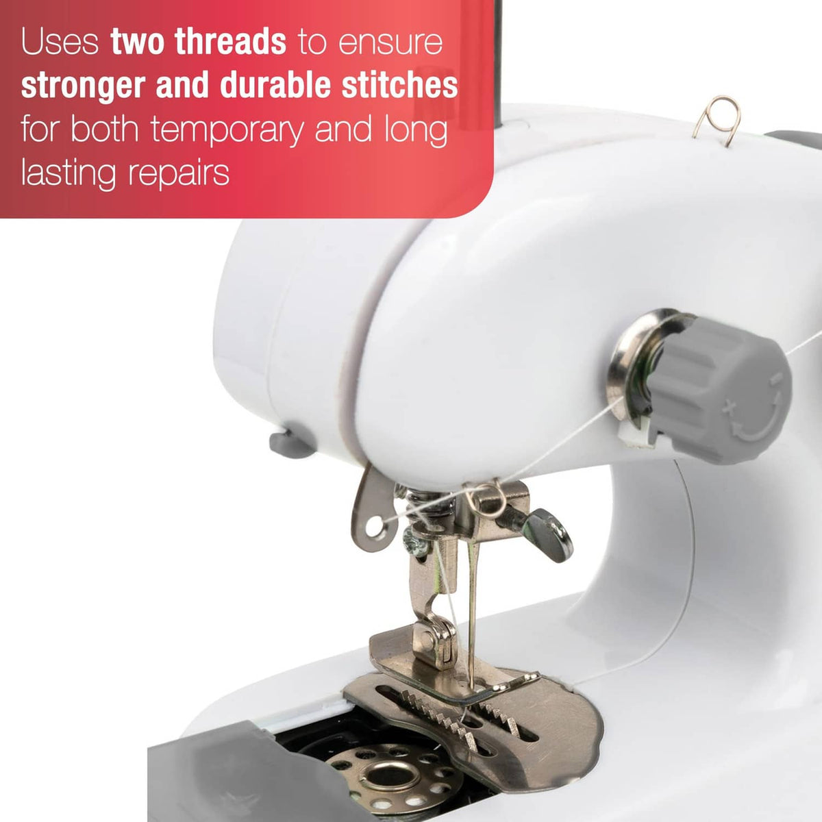 Close-up of cordless mending machine presser foot and needle assembly