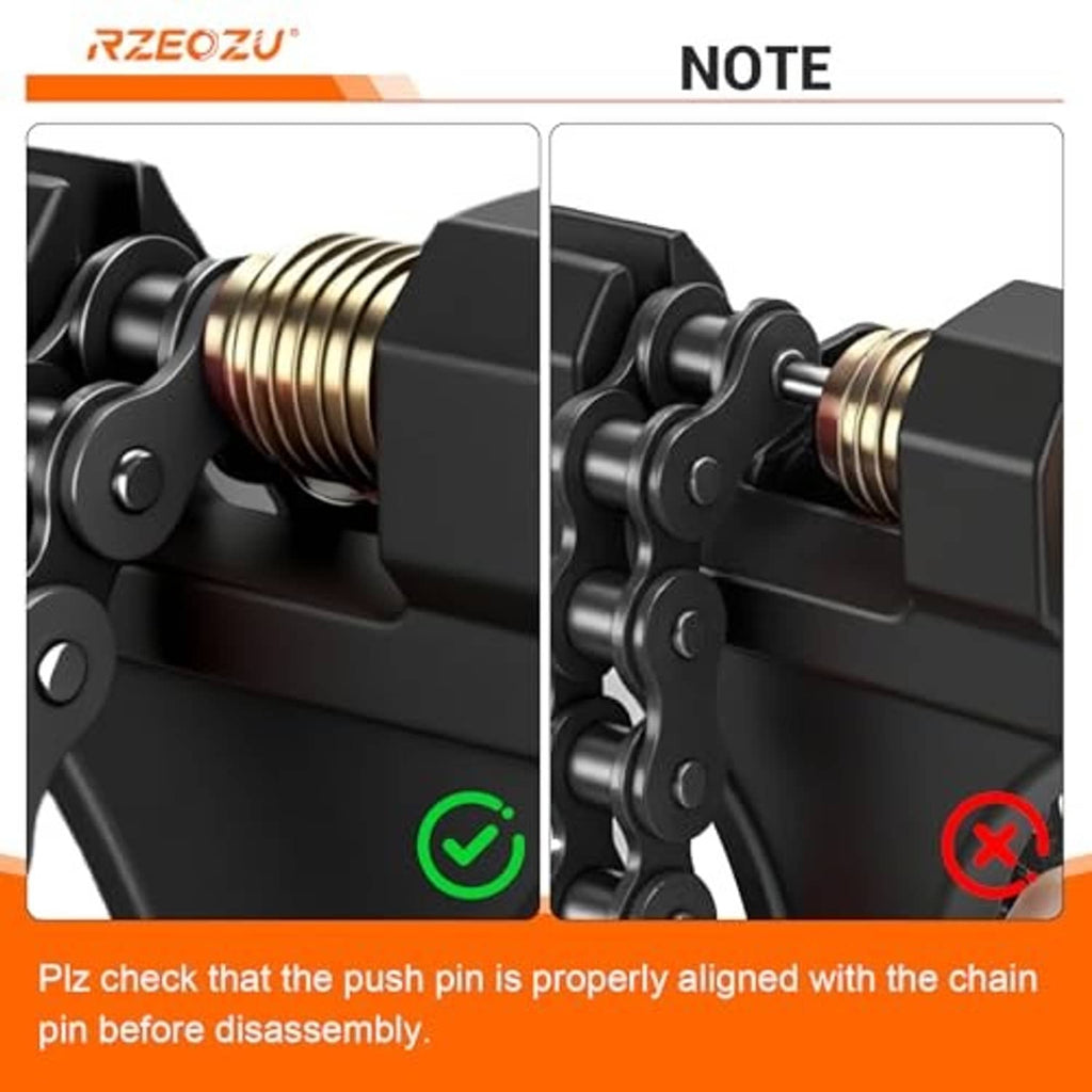 Close-up of chain breaker tool push pin and threaded screw adjusting chain link removal
