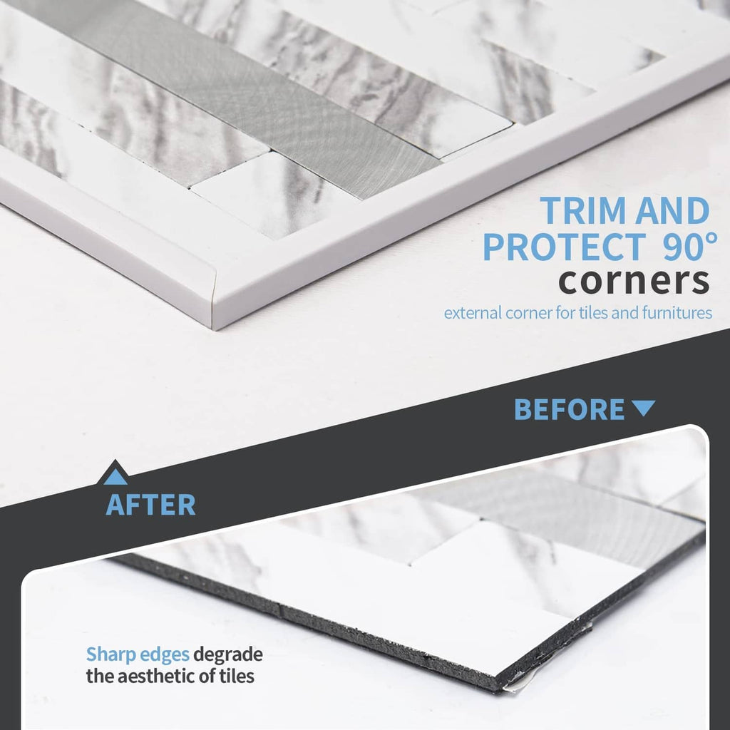 White 90-degree vinyl outside corner trim for tile edges with protective profile