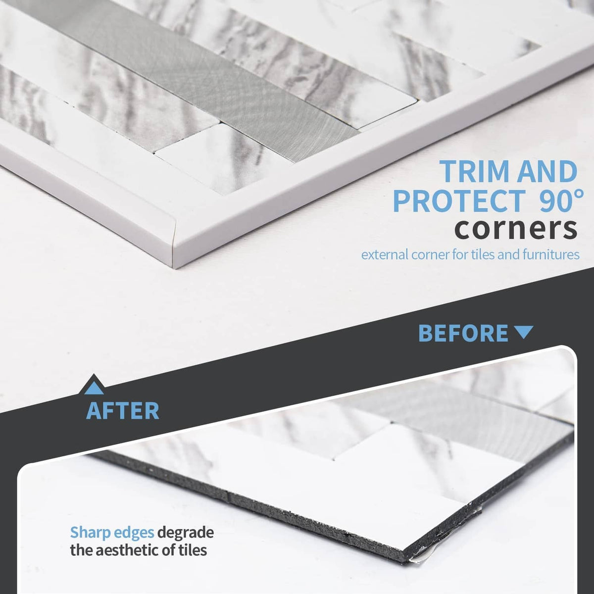 White 90-degree vinyl outside corner trim for tile edges with protective profile