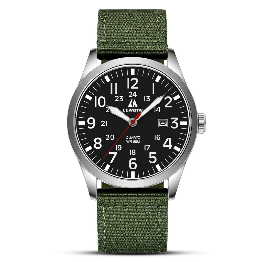 Men's military sport analog watch, silver case, black dial, green nylon strap