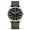 Men's military sport analog watch, silver case, black dial, green nylon strap