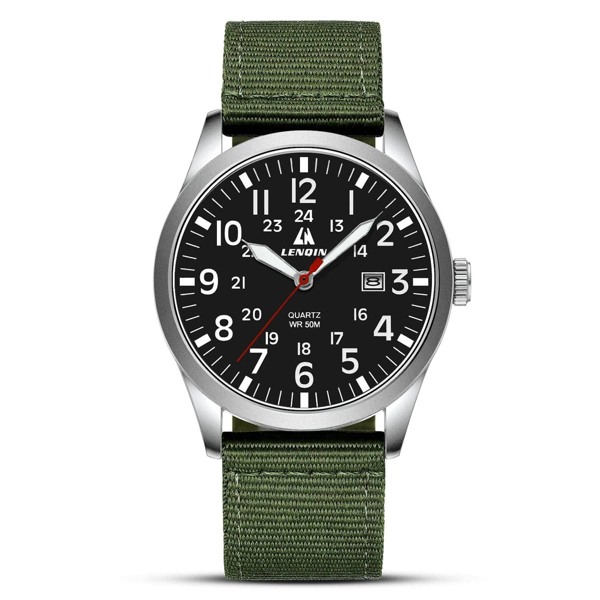 Men's military sport analog watch, silver case, black dial, green nylon strap