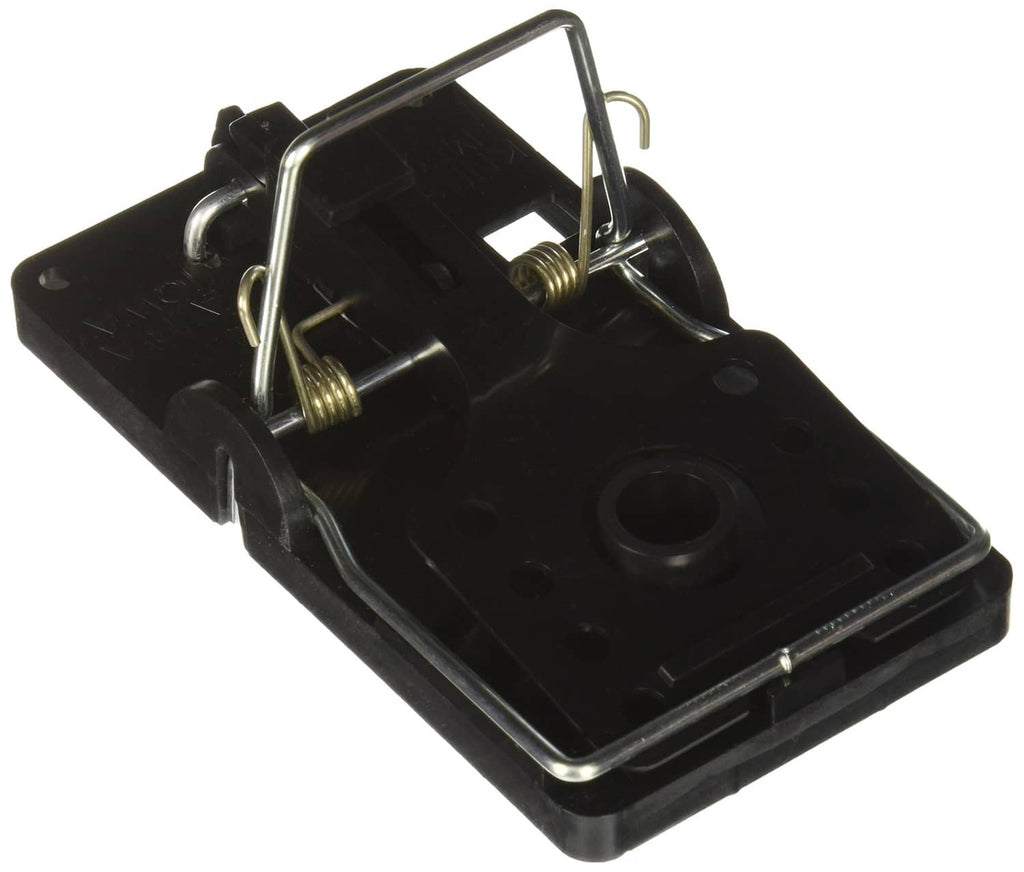 Black plastic rat snap trap with metal trigger and bait chamber, close-up view