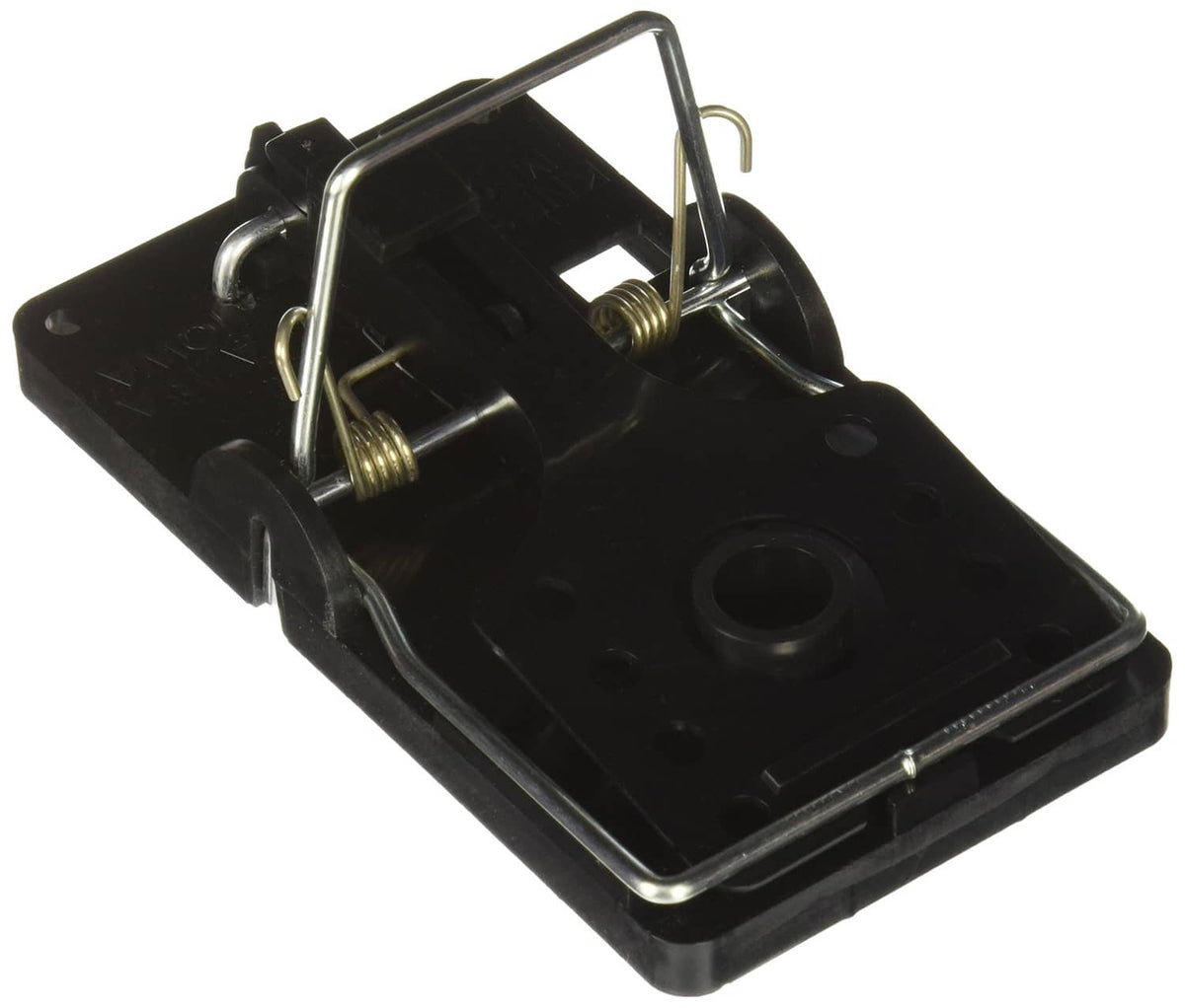 Black plastic rat snap trap with metal trigger and bait chamber, close-up view
