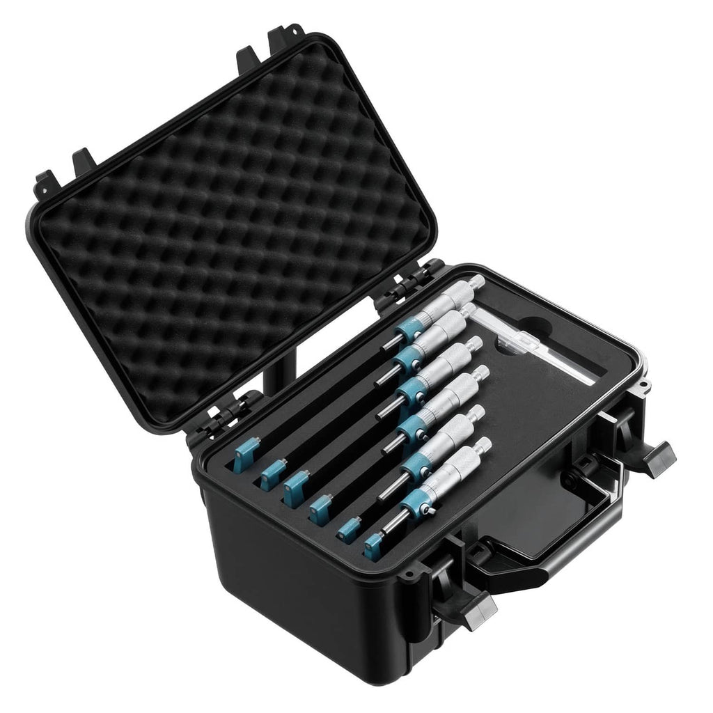 Uimoso micrometer set in open black case with foam insert and six tools
