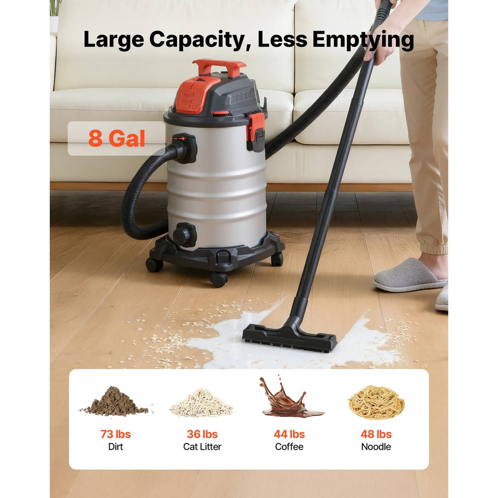 Wet/dry vacuum cleaner with 8 gal tank, large hose, and floor nozzle