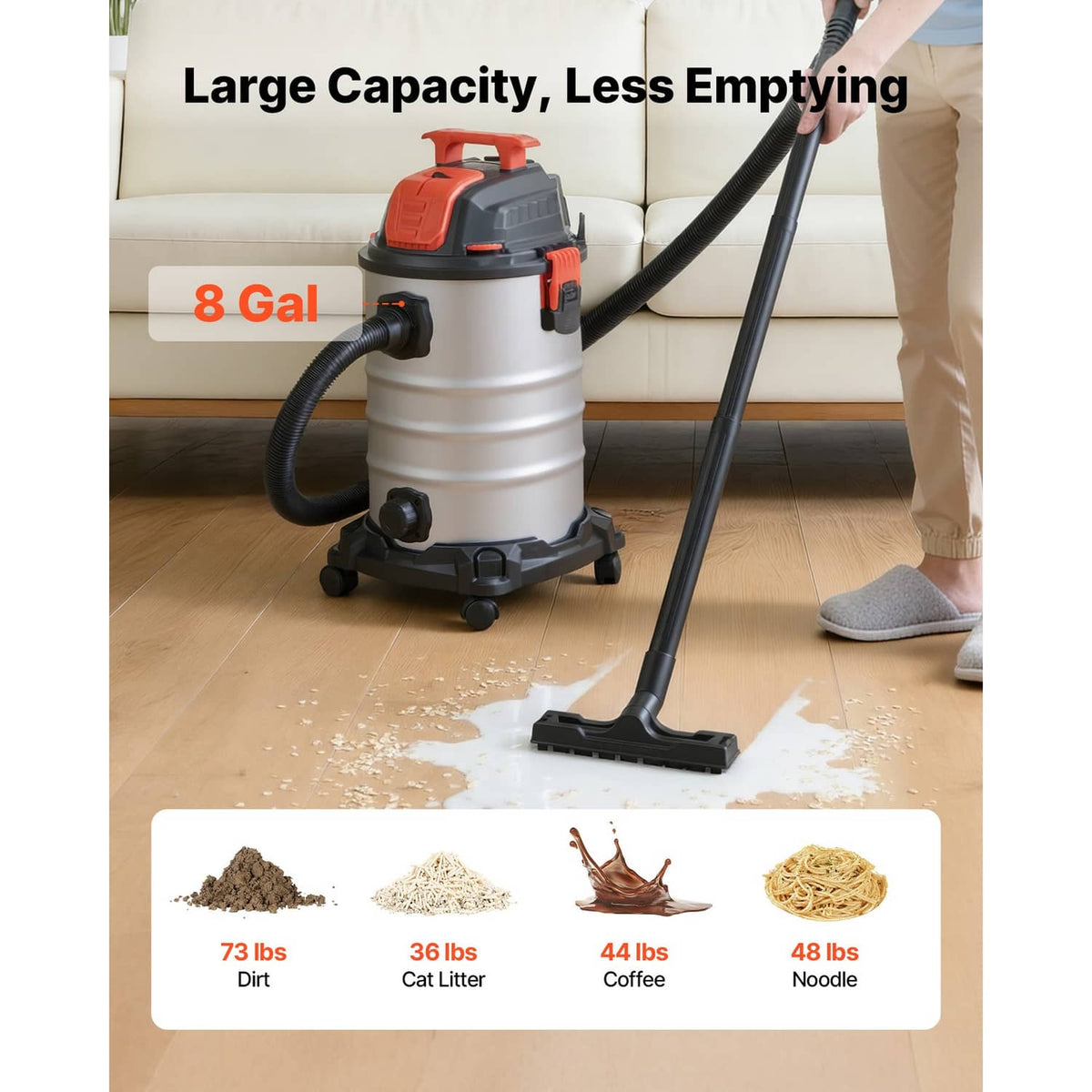 Wet/dry vacuum cleaner with 8 gal tank, large hose, and floor nozzle