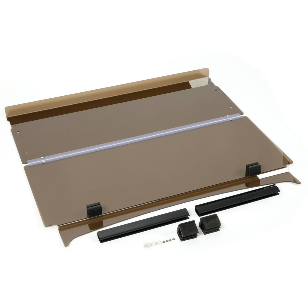 Folded tinted windshield kit with silver rails and included mounting components